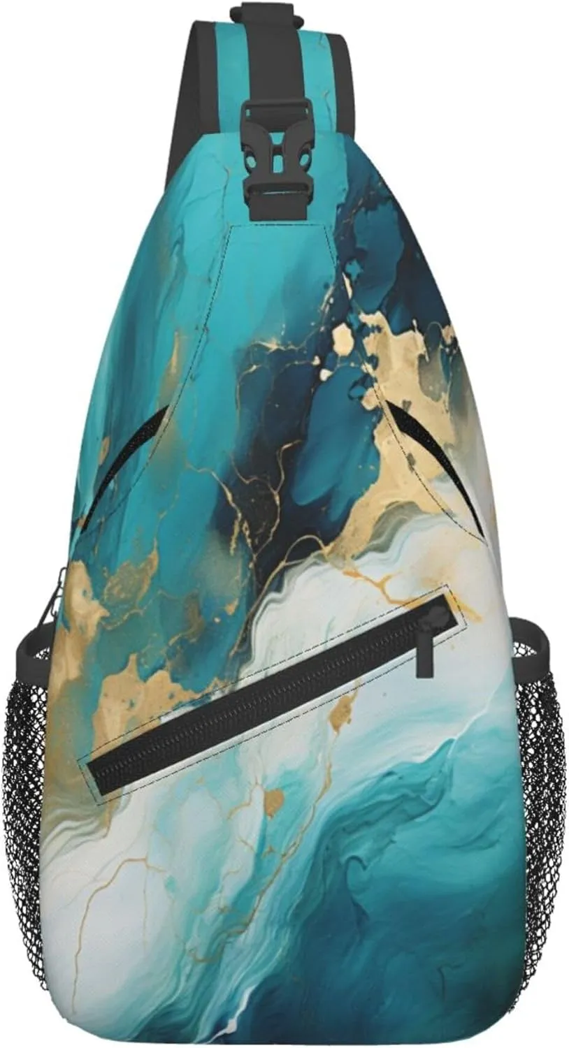 Turquoise Golden Marble Sling Bag for women and Men, Abstract Art Crossbody Chest Bag Water Resistant, Lightweight Sling Purse for Travel Hiking Gym Everyday Use
