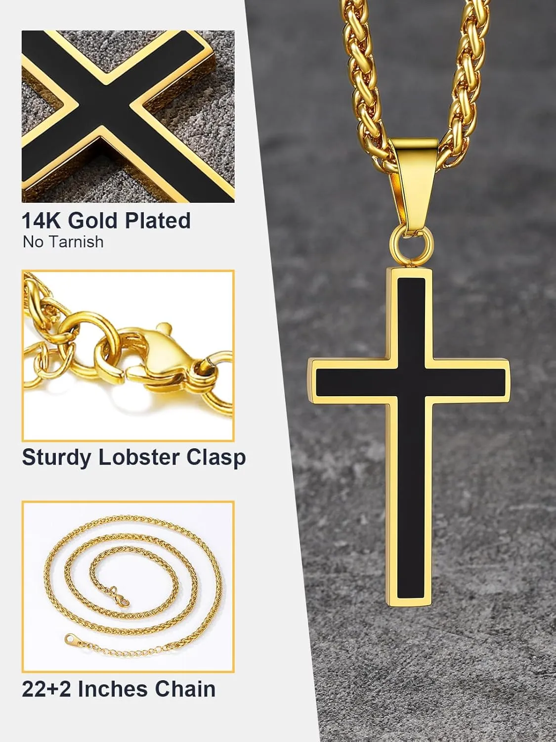 U7 Simple Cross Necklace for Men Women, Stainless Steel Silver Black Gold Latin Cross Pendant Necklaces, Custom Engravable, Length 22-24 Inches