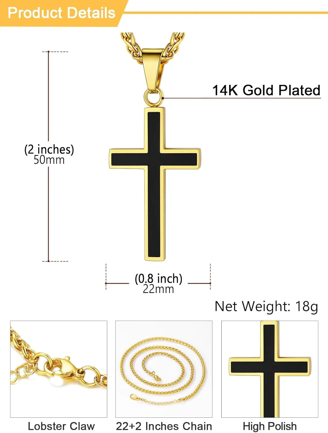 U7 Simple Cross Necklace for Men Women, Stainless Steel Silver Black Gold Latin Cross Pendant Necklaces, Custom Engravable, Length 22-24 Inches