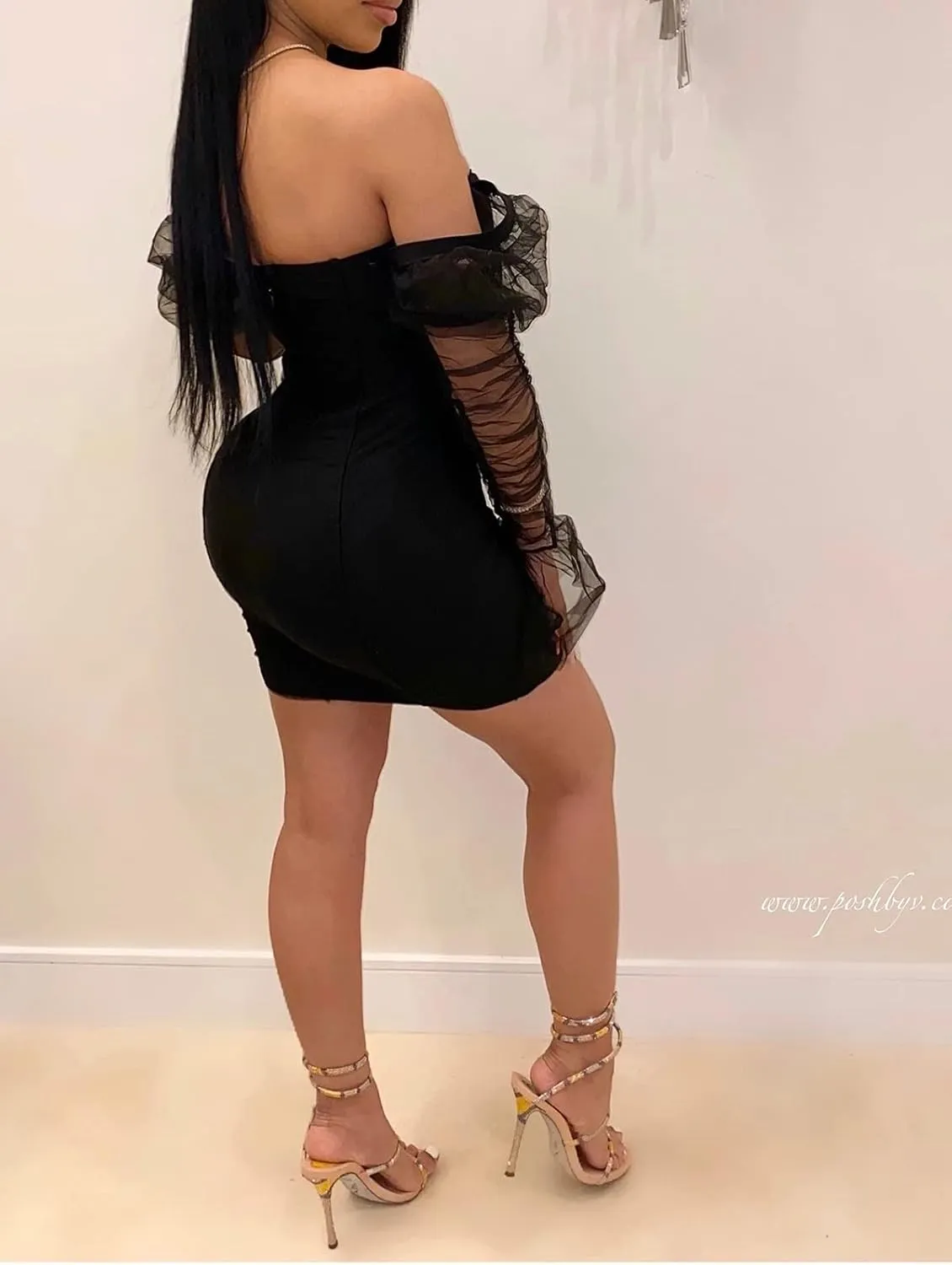 Uni Clau Women Sexy Mesh Sheer Puff Long Sleeve Mini Dress Bodycon Deep V Neck Patchwork Party Clubwear Dress
