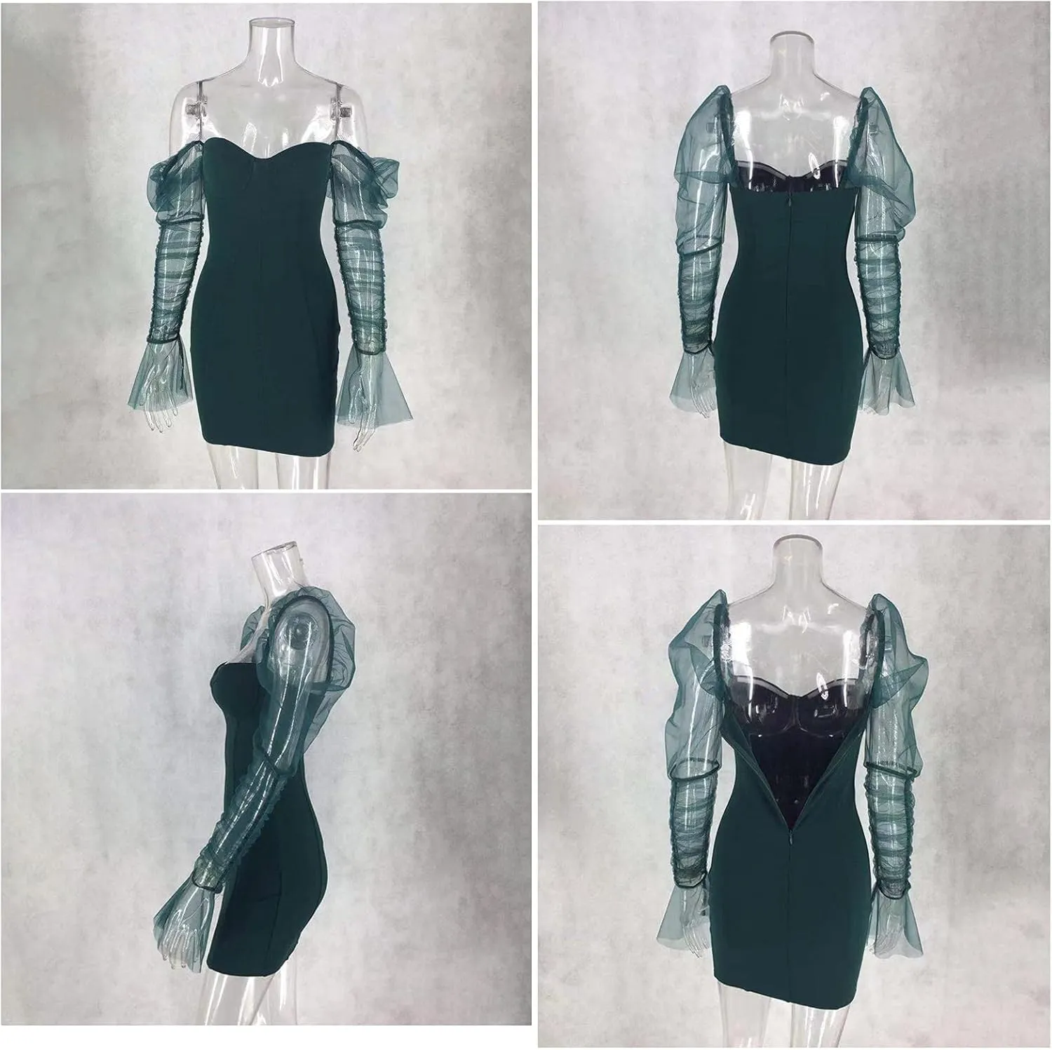 Uni Clau Women Sexy Mesh Sheer Puff Long Sleeve Mini Dress Bodycon Deep V Neck Patchwork Party Clubwear Dress