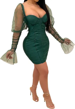 Uni Clau Women Sexy Mesh Sheer Puff Long Sleeve Mini Dress Bodycon Deep V Neck Patchwork Party Clubwear Dress