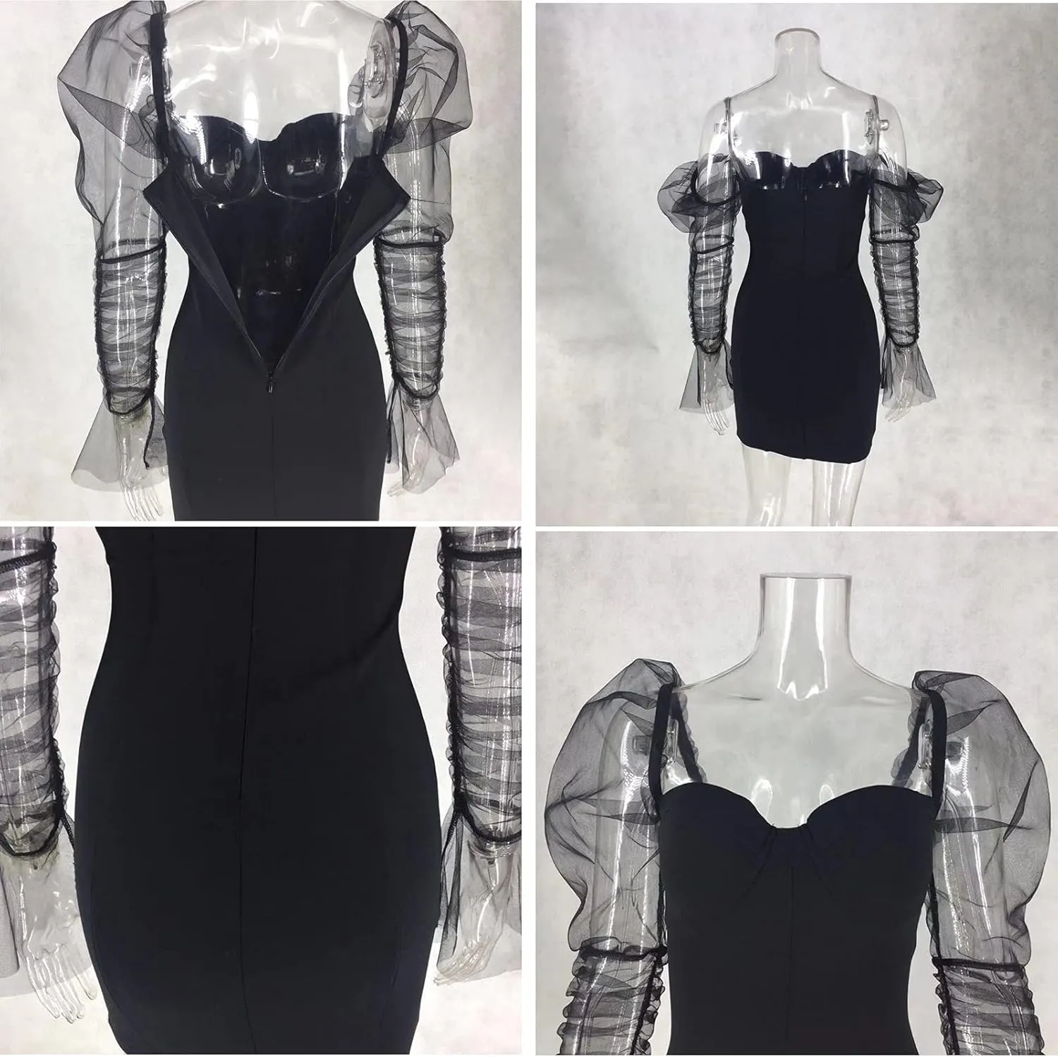 Uni Clau Women Sexy Mesh Sheer Puff Long Sleeve Mini Dress Bodycon Deep V Neck Patchwork Party Clubwear Dress