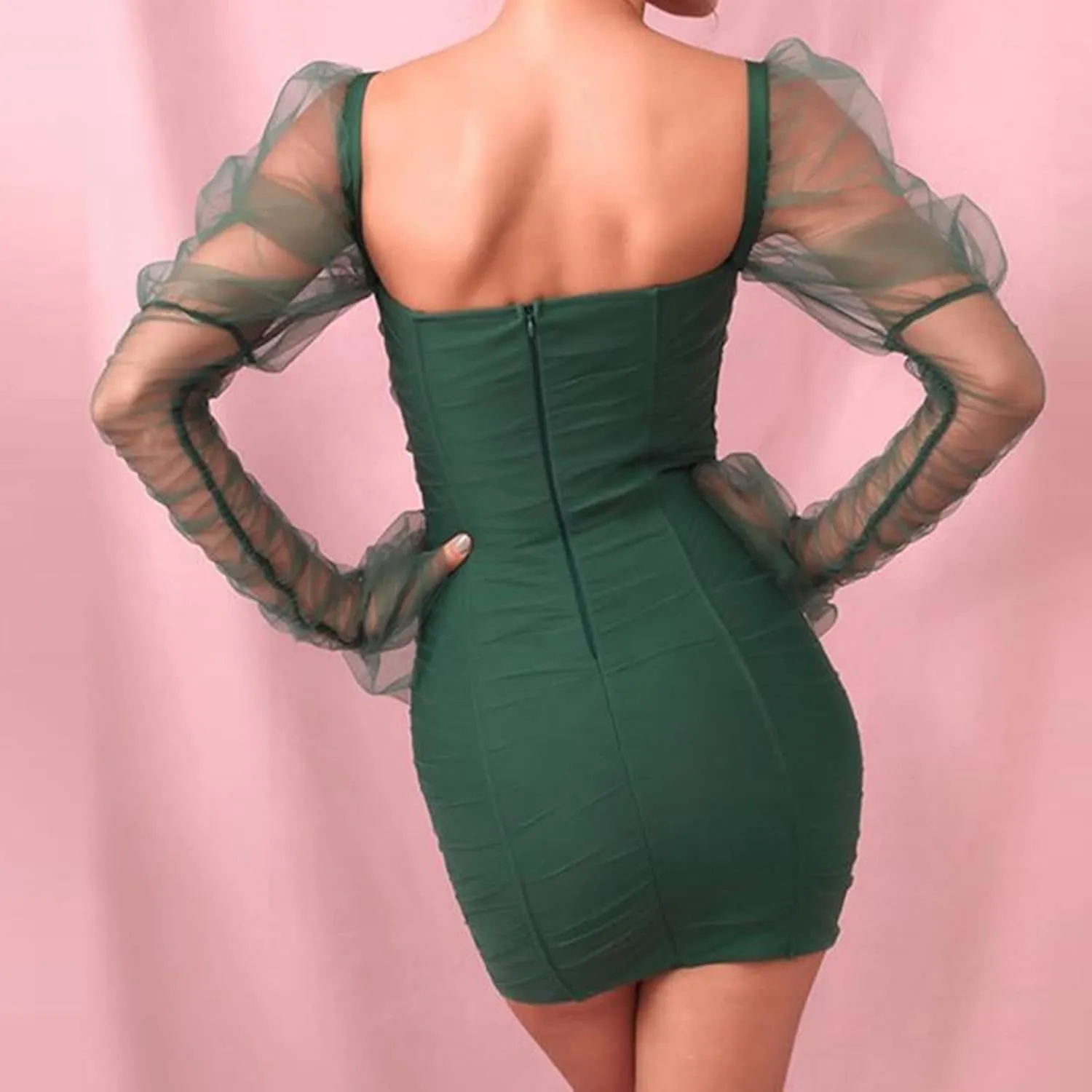 Uni Clau Women Sexy Mesh Sheer Puff Long Sleeve Mini Dress Bodycon Deep V Neck Patchwork Party Clubwear Dress
