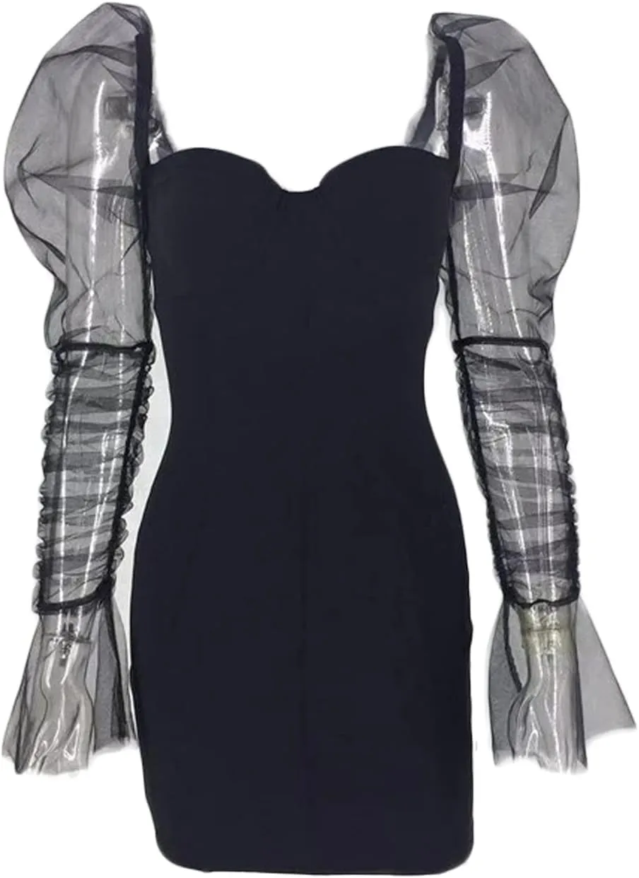 Uni Clau Women Sexy Mesh Sheer Puff Long Sleeve Mini Dress Bodycon Deep V Neck Patchwork Party Clubwear Dress