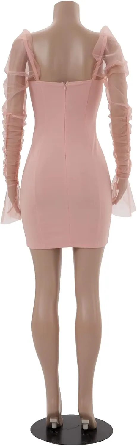 Uni Clau Women Sexy Mesh Sheer Puff Long Sleeve Mini Dress Bodycon Deep V Neck Patchwork Party Clubwear Dress