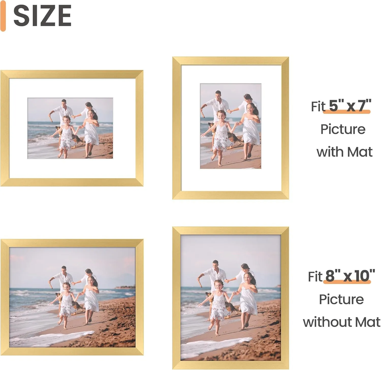 upsimples 8x10 Picture Frame Set of 5, Display Pictures 5x7 with Mat or 8 x 10 Without, Wall Gallery Photo Frames, Gold