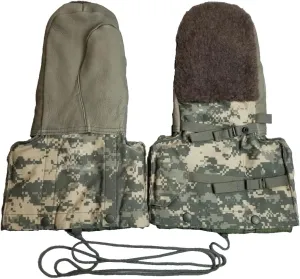 USGI Military Extreme Cold Weather Mittens, ACU Digital Camo Pattern, Leather Palm, Lined, MEDIUM