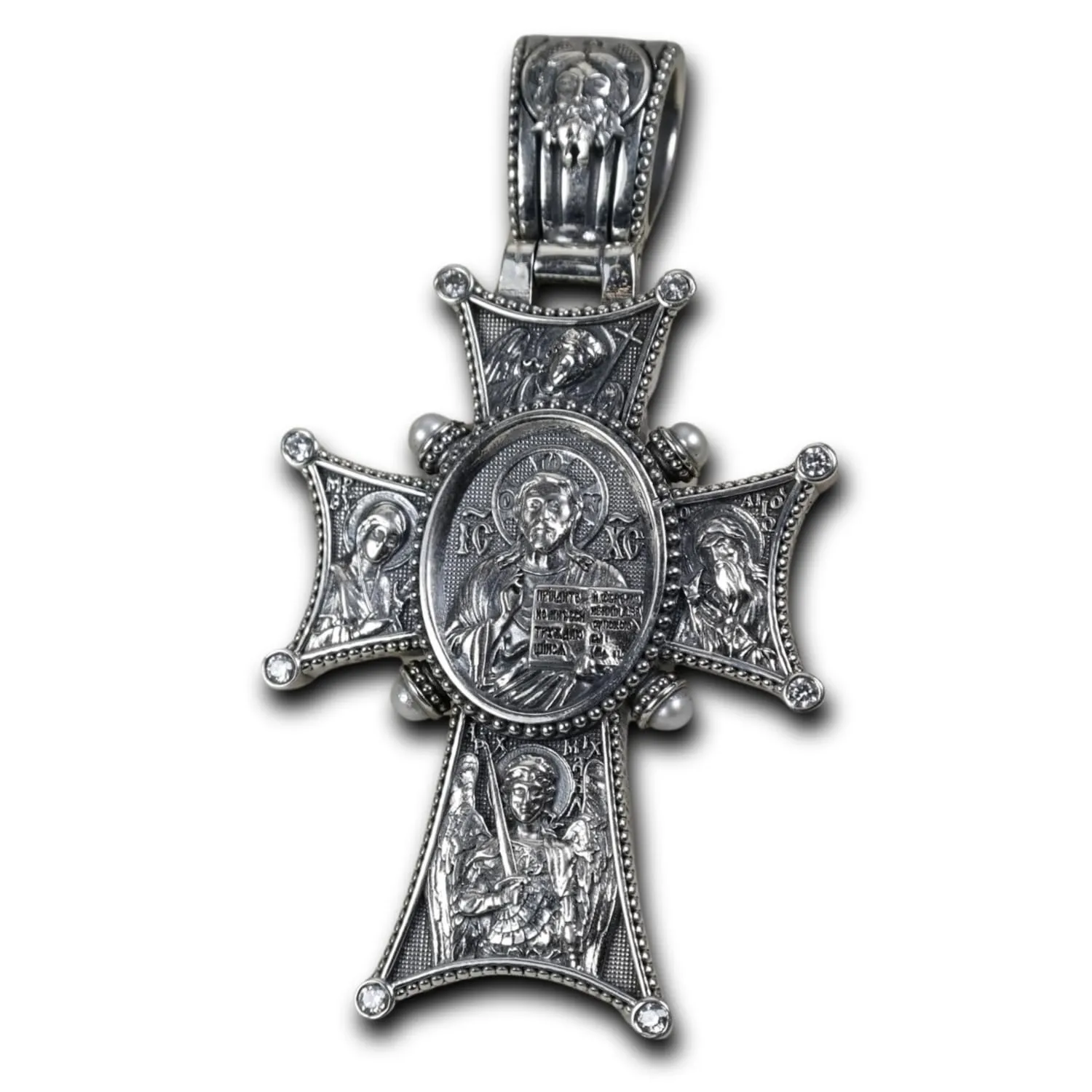 ✪VARTOVAR JEWELRY✪ IC XC Pendant with White Stones, 3.5mm Wheat Braided (Spiga) Chain, Orthodox, Christian Silver Jewelry Accessories