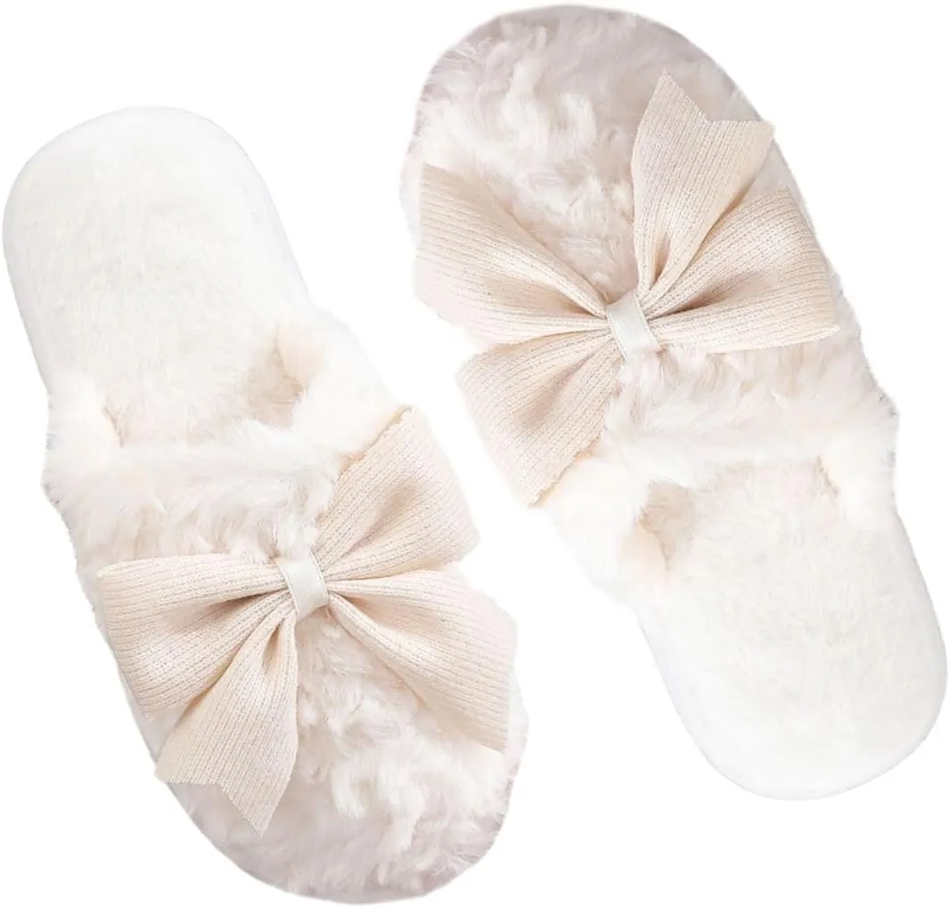 Verdusa Women's Bow Memory Foam Slippers Warm Slip On Faux Fur House Slippers