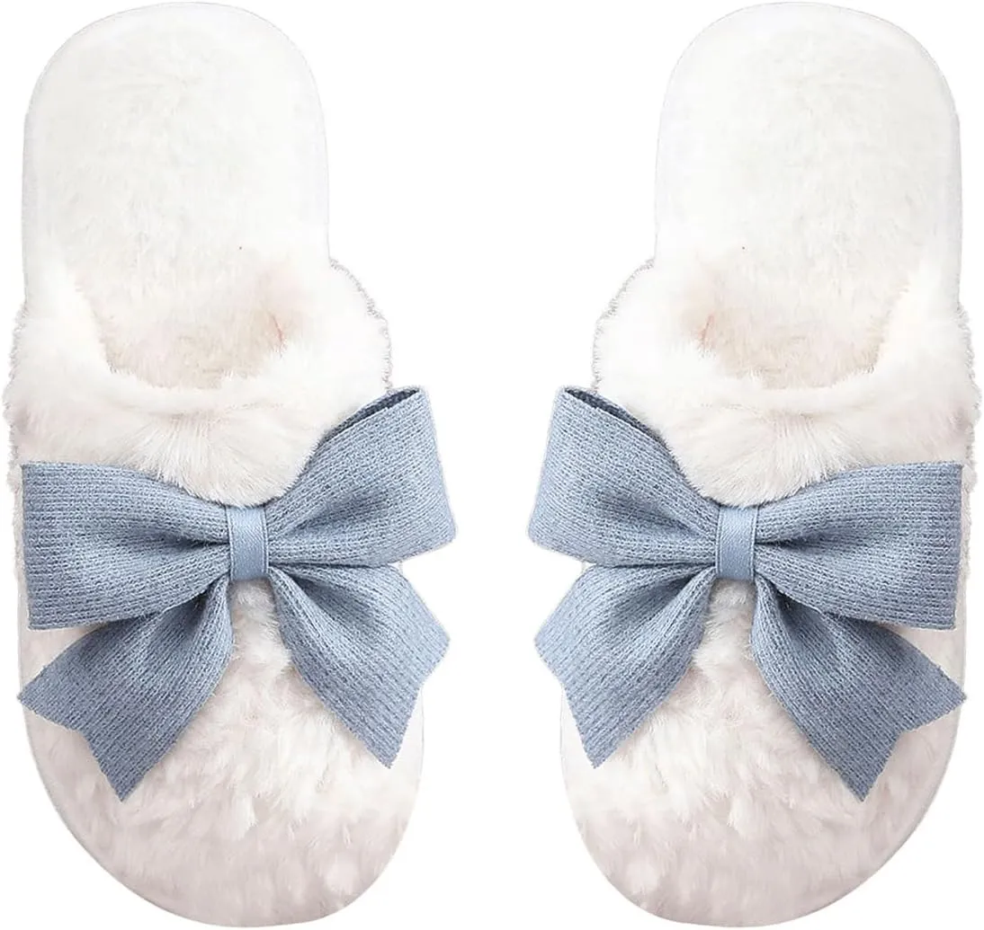 Verdusa Women's Bow Memory Foam Slippers Warm Slip On Faux Fur House Slippers