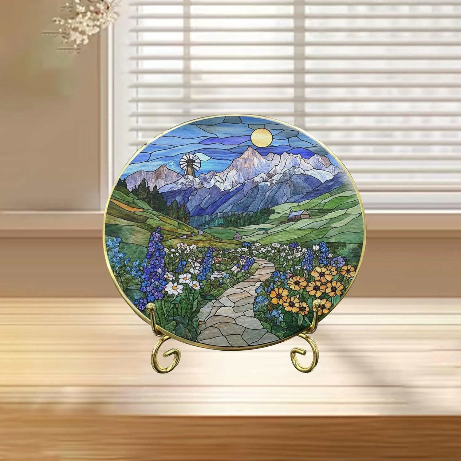 Veronica Alpine Path Suncatcher Window Hanging Handmade Stained Glass Suncatchers Decoration with Metal Chain Outdoor Garden Decor Gift for Women Christmas Thanksgiving FhUINn