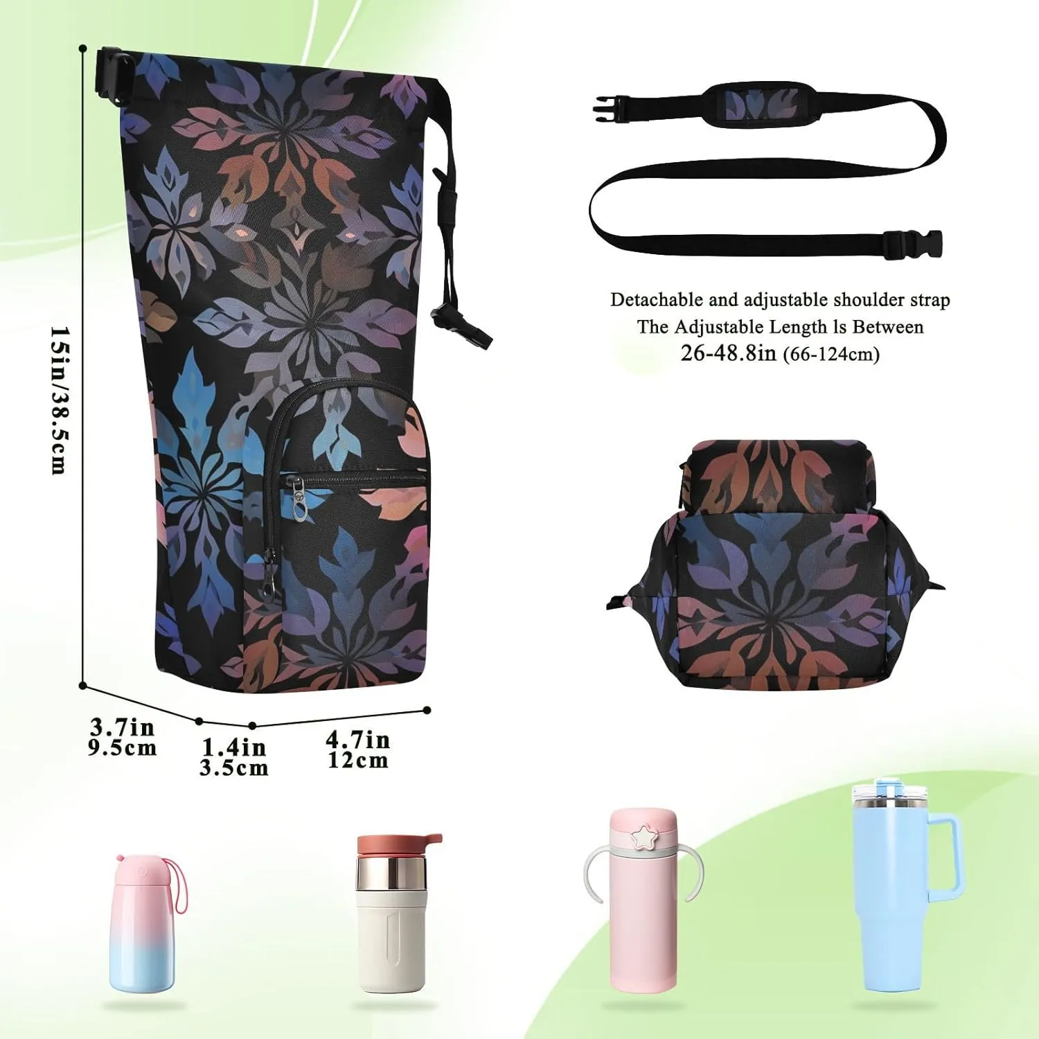 Versatile Insulated Water Bottle Bag, Fits 20oz-40oz Bottles, Lightweight & Adjustable for Commuting, Travel, Hiking & Outdoor Adventures, Ethnic Motif (3)