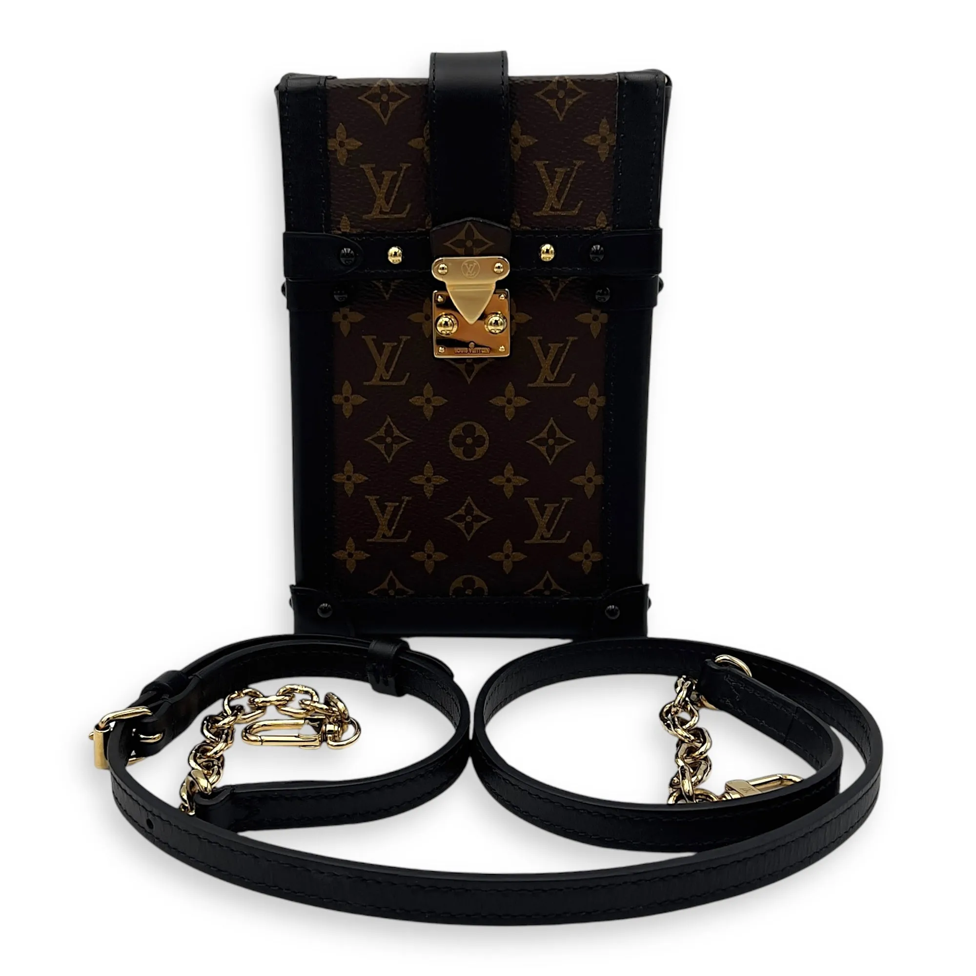 Vertical Trunk Brown Crossbody Bag in Coated Canvas, Gold hardware