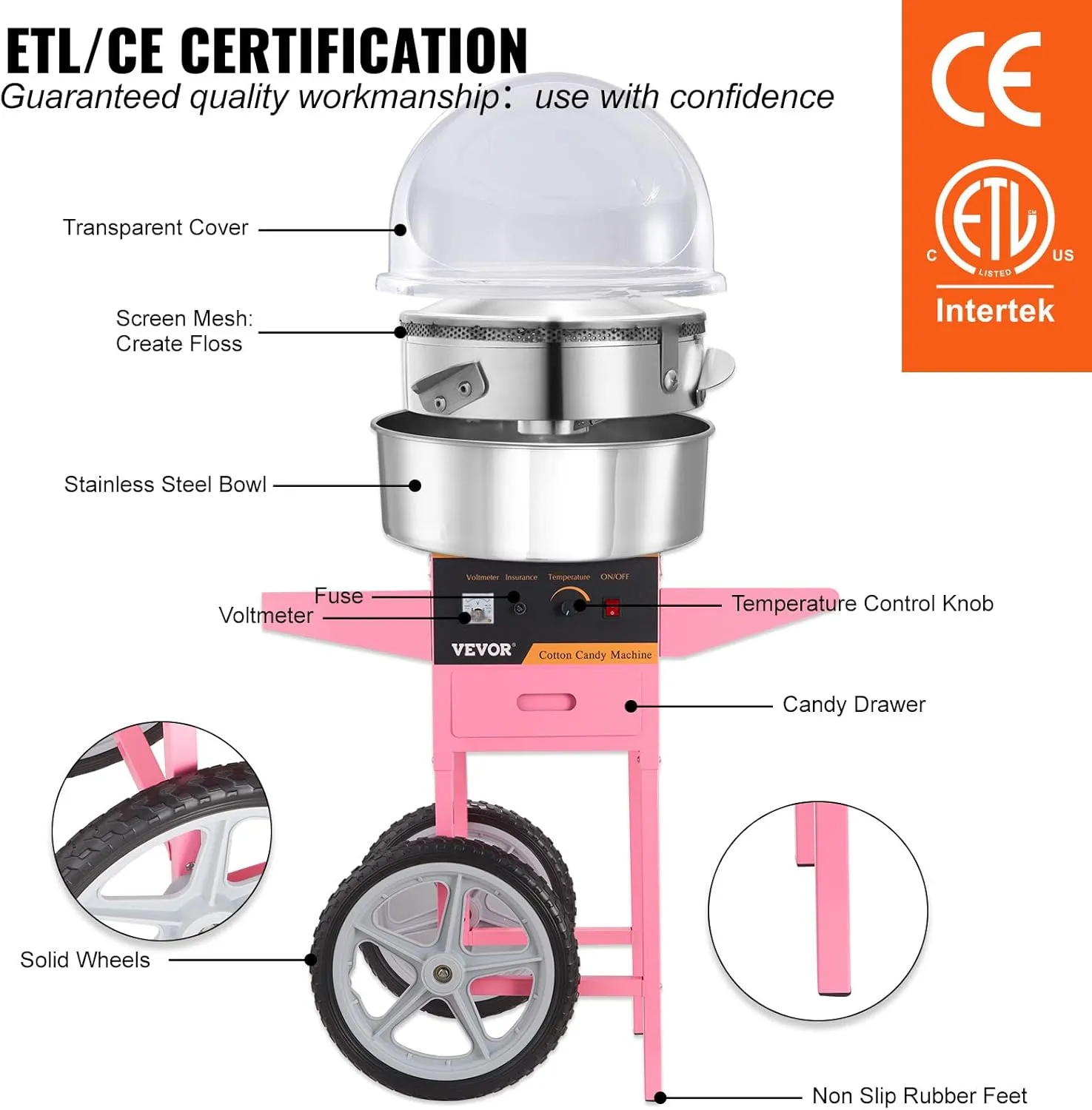 VEVOR Electric Cotton Candy Machine Cart with Cover, Commercial Floss Maker w/Stainless Steel Bowl, Sugar Scoop and Drawer, Perfect for Home, Carnival, Kids Birthday, Family Party, Pink