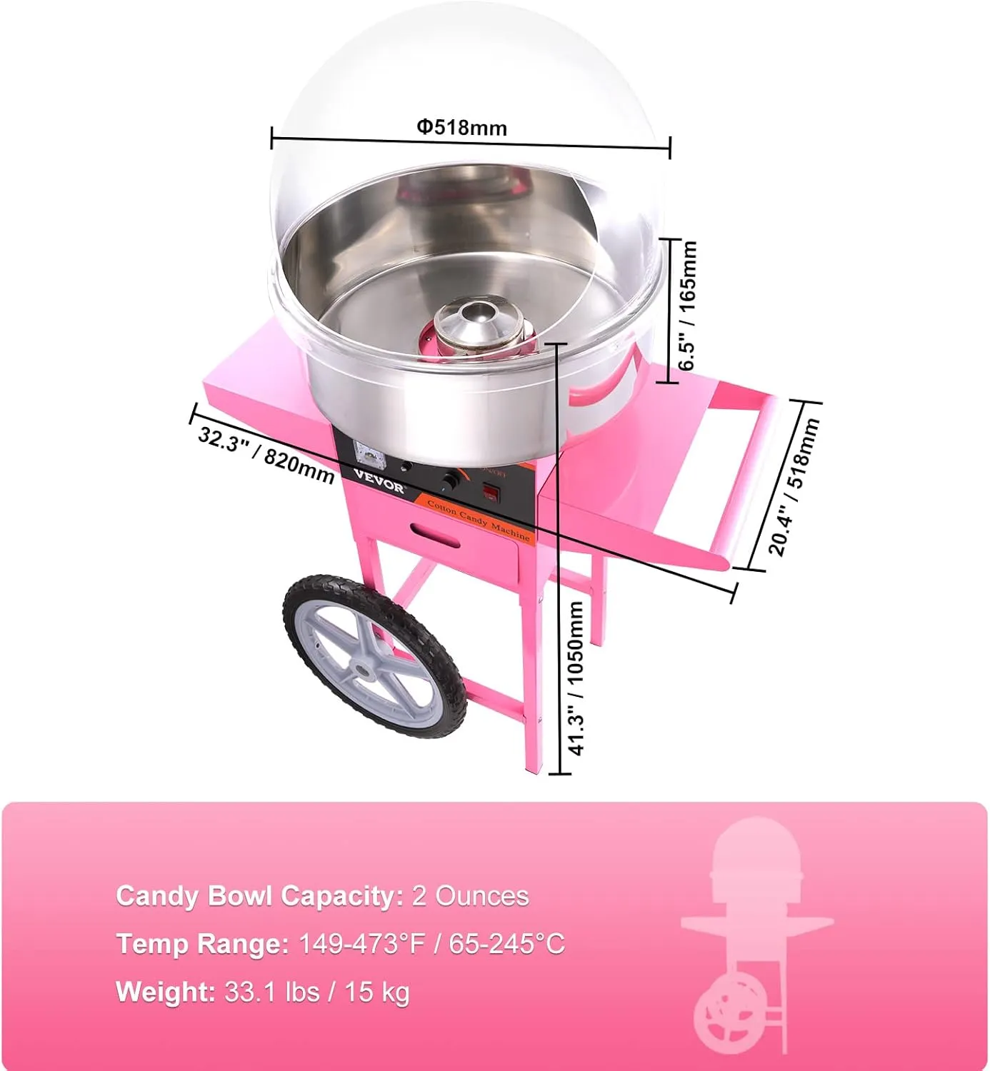 VEVOR Electric Cotton Candy Machine Cart with Cover, Commercial Floss Maker w/Stainless Steel Bowl, Sugar Scoop and Drawer, Perfect for Home, Carnival, Kids Birthday, Family Party, Pink