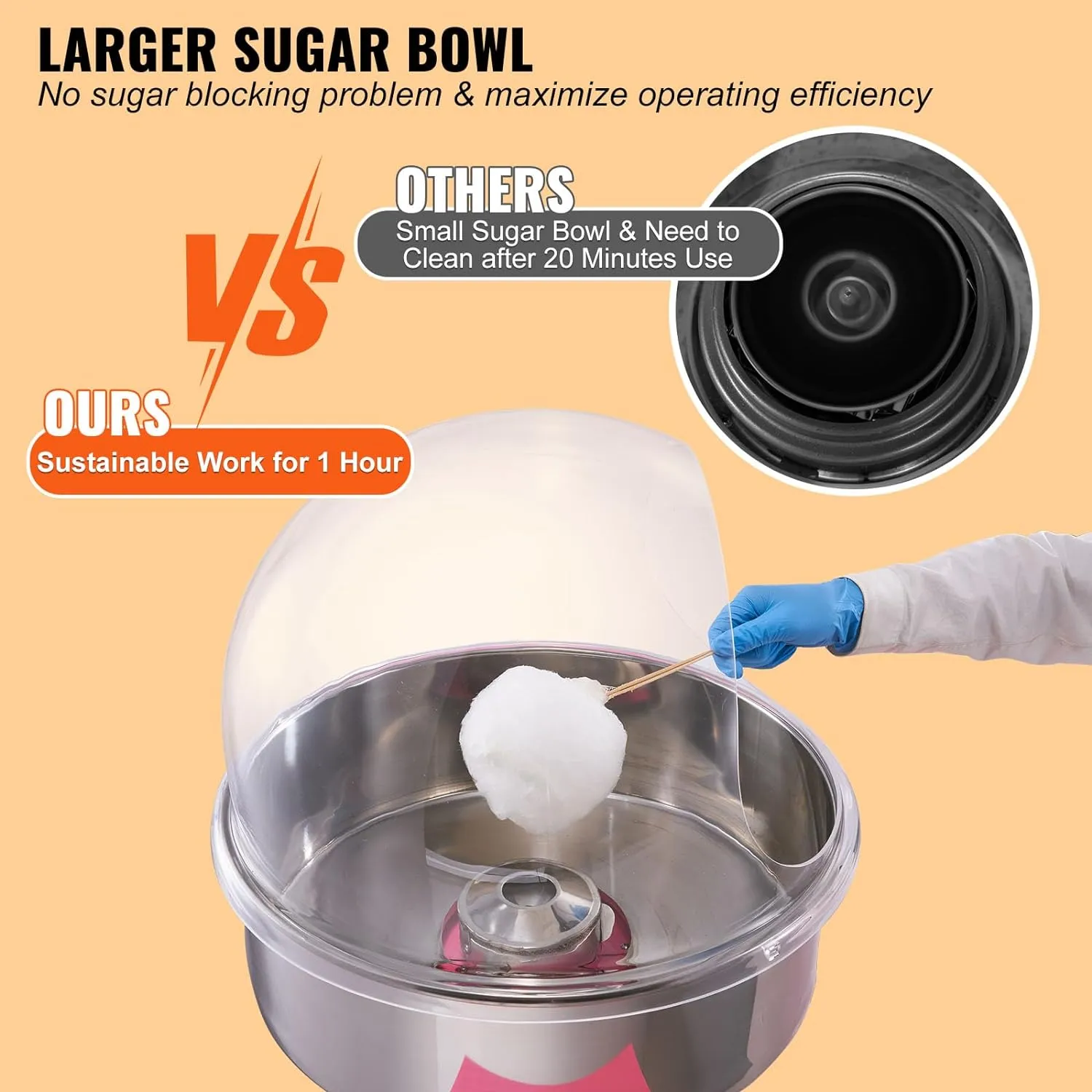 VEVOR Electric Cotton Candy Machine Cart with Cover, Commercial Floss Maker w/Stainless Steel Bowl, Sugar Scoop and Drawer, Perfect for Home, Carnival, Kids Birthday, Family Party, Pink