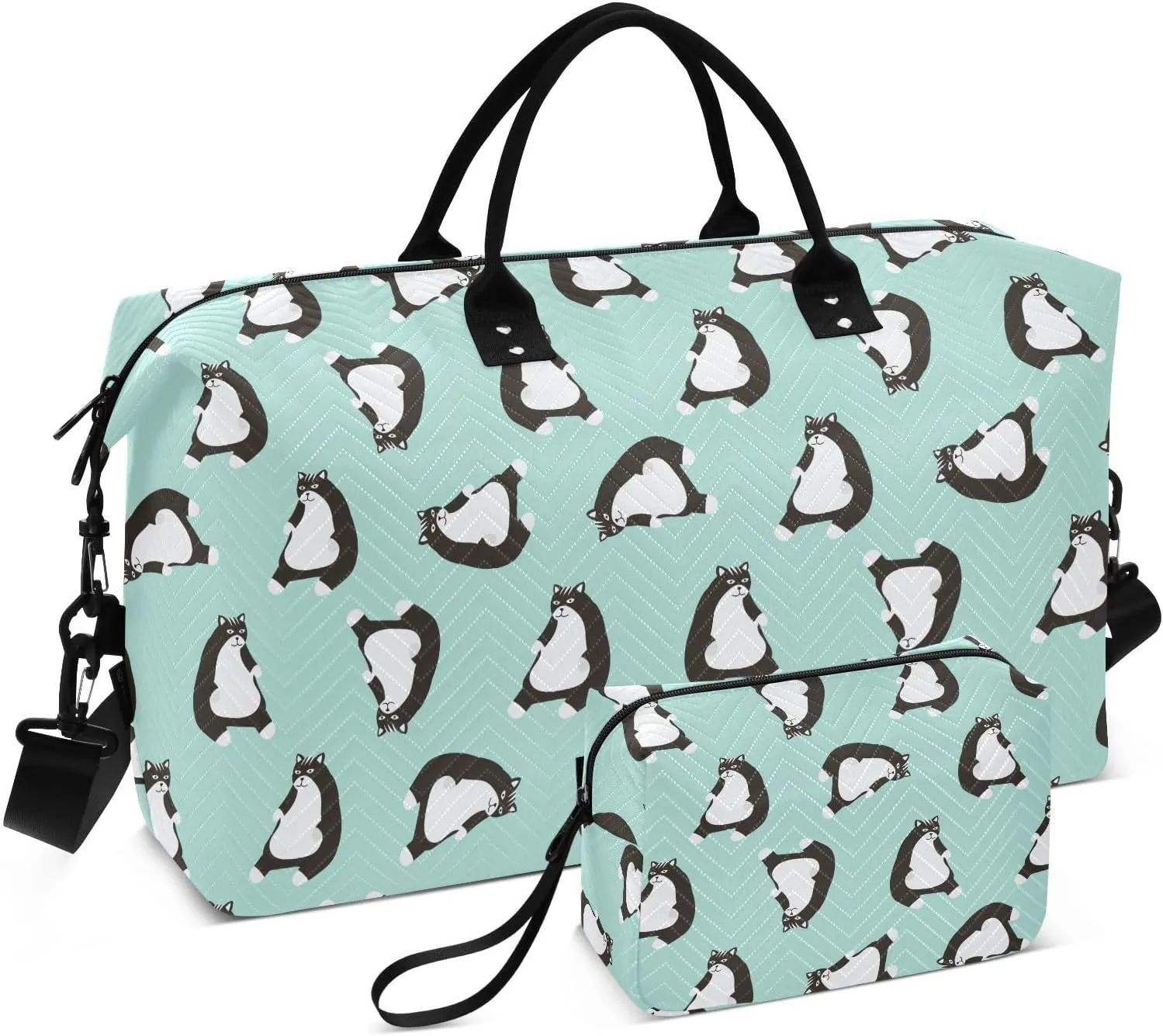 VIGTRO Travel Duffel Bag Weekender Overnight Bag with Toiletry Bag Cute Fat Cat Printed, Carry On Luggage Bag for Hospital Gym Travel Business, 2 Pcs Set