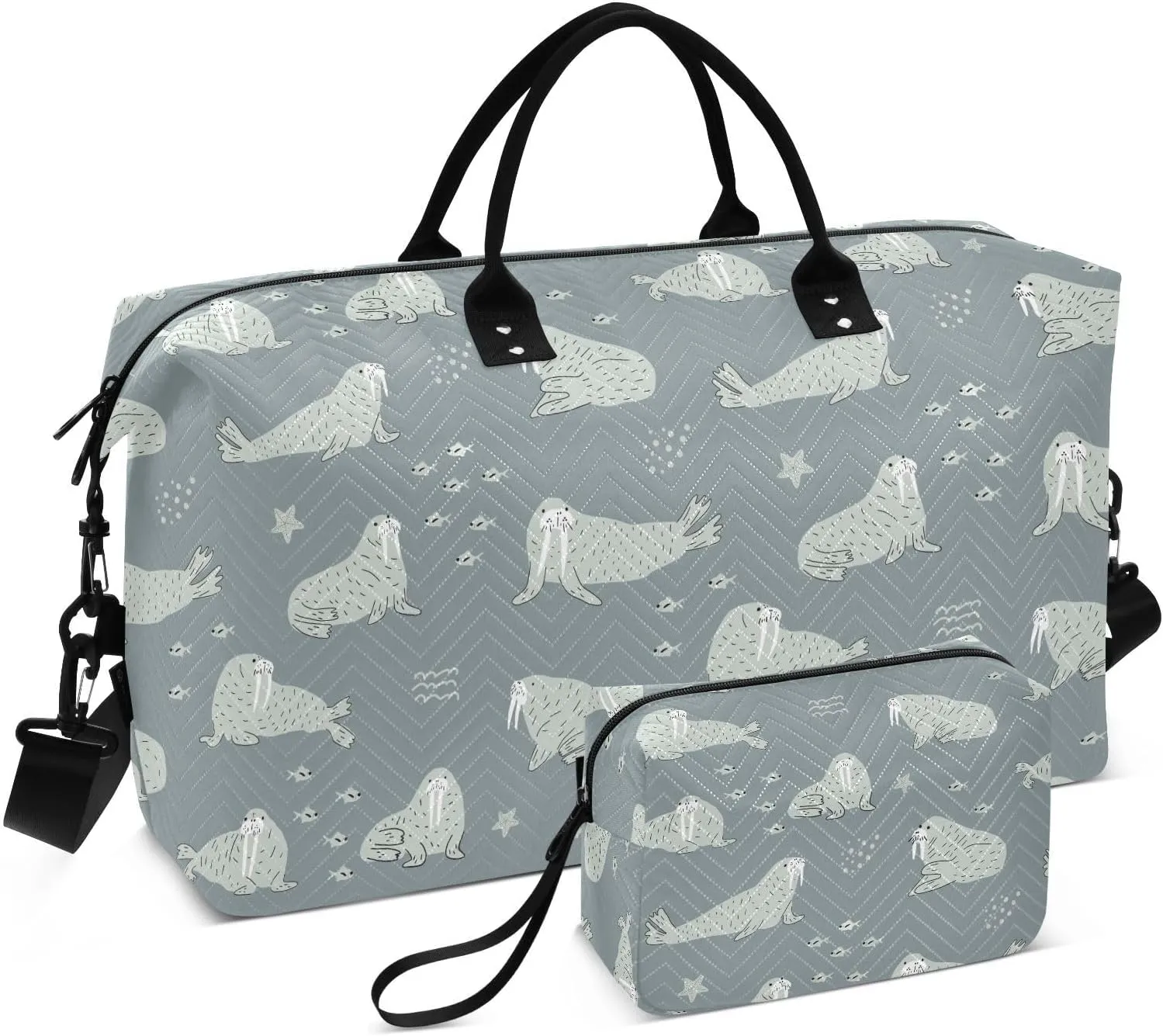 VIGTRO Travel Duffel Bag Weekender Overnight Bag with Toiletry Bag Grey Walrus Fish Pattern Printed, Carry On Luggage Bag for Hospital Gym Travel Business, 2 Pcs Set