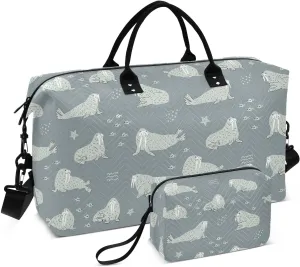 VIGTRO Travel Duffel Bag Weekender Overnight Bag with Toiletry Bag Grey Walrus Fish Pattern Printed, Carry On Luggage Bag for Hospital Gym Travel Business, 2 Pcs Set