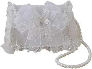 Vintage Lolita Handbag Purse with White Bow Pearl Straps Kawaii Shoulder Bag Women Crossbody Bag for Party