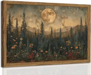 Vintage Moon Forest Wall Art, 3D Textured Nature Landscape Wall Decor Paintings, Hand Drawn Sandstone Woodland Wildflower Picture Prints Artwork for Bedroom Living Room 12x16 inch Wood Framed