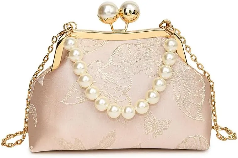 Vintage Printed Lace Clip Handbag With Chain Cheongsam Shoulder Bag For Women