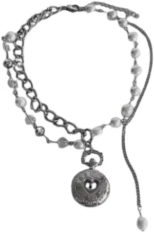 Vintage Punk Silver Pocket Watch Necklace, Double-layer Pearl Necklace，chunky chain choker，Y2Kchoker，Exquisite Unisex choker