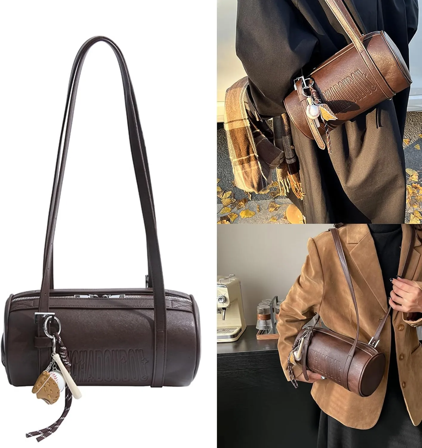Vintage Soft Leather Cylinder Shoulder Bag For Women 2025 Winter Fashion Crossbody Handbag PU Leather Underarm Bags, Coffee, 28x14x14cm