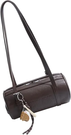 Vintage Soft Leather Cylinder Shoulder Bag For Women 2025 Winter Fashion Crossbody Handbag PU Leather Underarm Bags, Coffee, 28x14x14cm