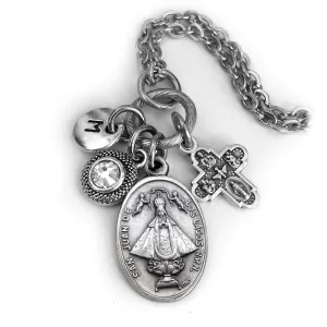 Virgen de San Juan de los Lagos Necklace, Keychain or Clip, Blessed Virgin Mary, Birthstone Crystal and Initial Charm