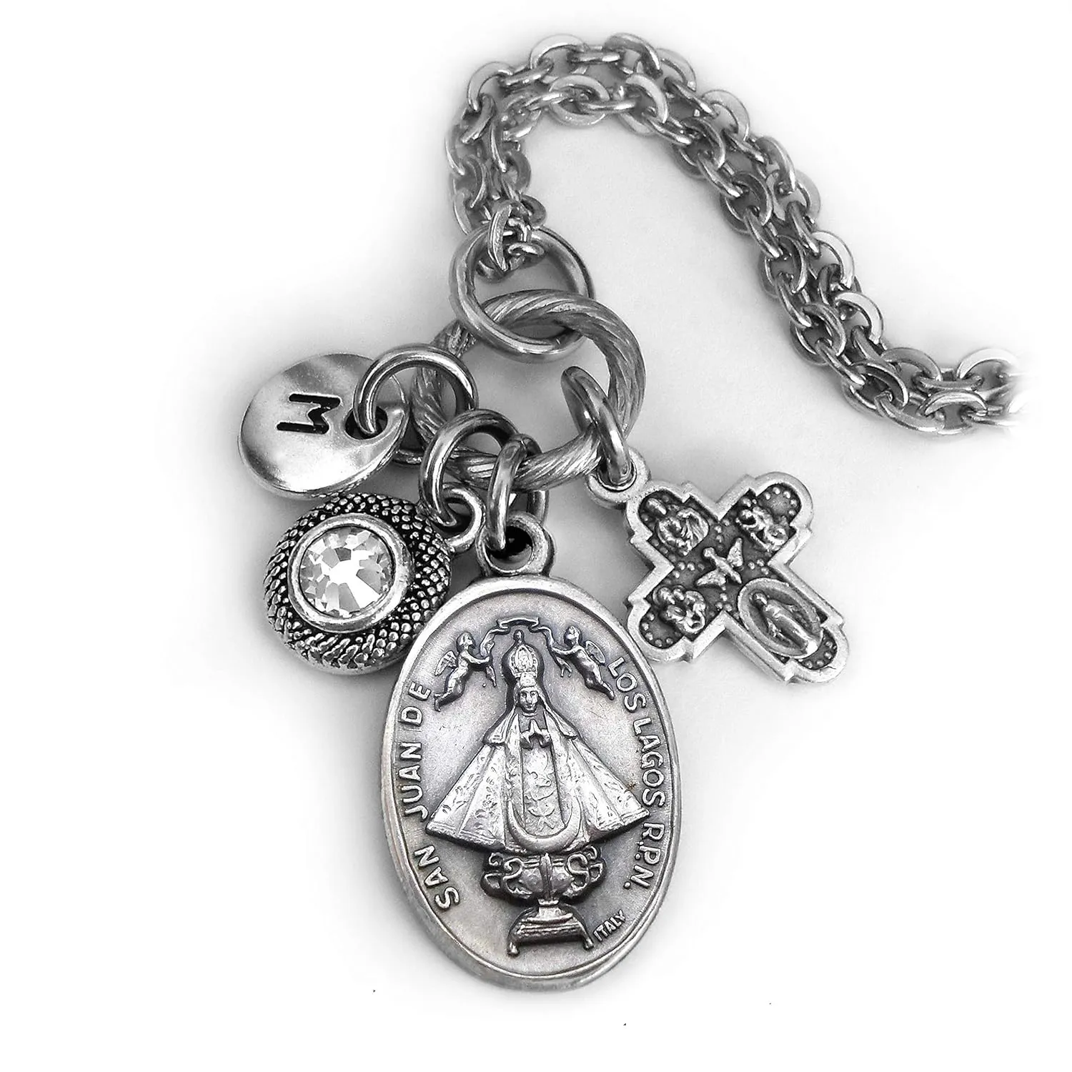 Virgen de San Juan de los Lagos Necklace, Keychain or Clip, Blessed Virgin Mary, Birthstone Crystal and Initial Charm