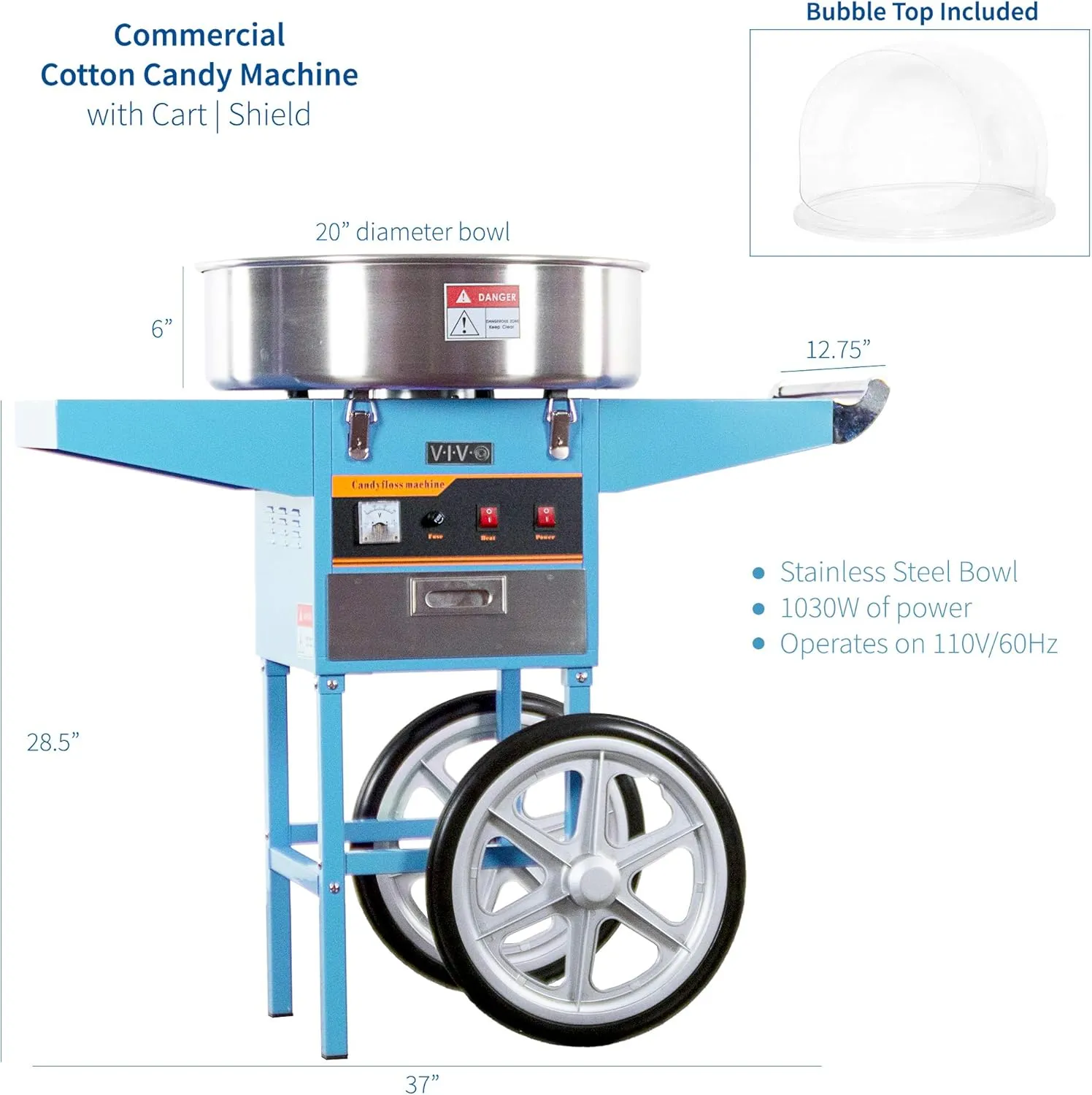 VIVO Blue 1030W Electric Cotton Candy Machine Cart, Mobile Rolling Candy Floss Maker 20 inch Stainless Steel Bowl, Bubble Shield Cover Sugar Scoop and Drawer, Easy Home or Commercial Use, CANDY-KIT-2B
