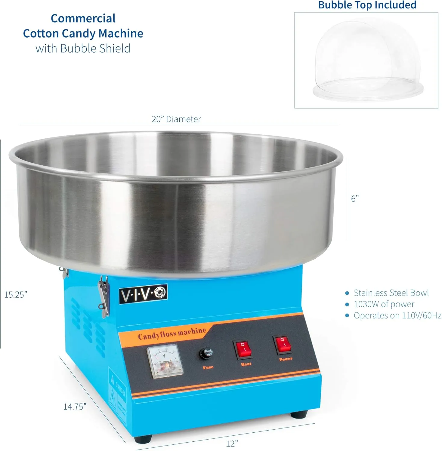 VIVO Blue 1030W Electric Cotton Candy Machine, Commercial Candy Floss Maker with 20 inch Stainless Steel Bowl, Includes Bubble Shield Cover and Sugar Scoop, Easy Home Use, CANDY-KIT-1B