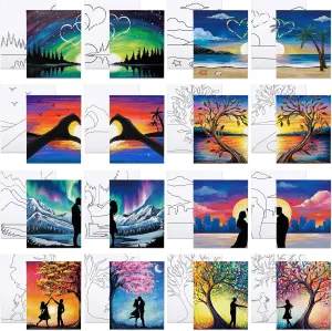 VOCHIC 16 Pcs Sip and Paint Pre Drawn Canvas for Adult Beginner Painting Art Set Stretched Outline Canvas for Couples Date Night Party Supplies Gift(8x10in)
