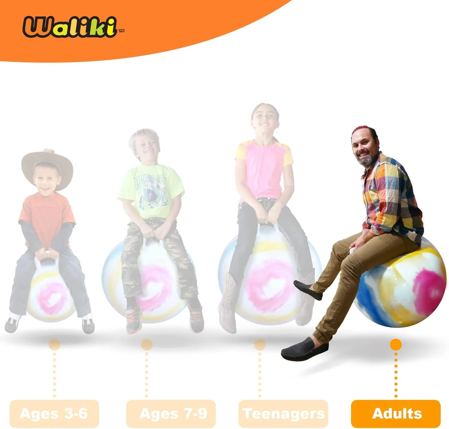 WALIKI Hopper Ball for Adults | 29-Inch Hippity Hop Ball | Jumping & Hopping Ball for Mom, Dad, Grandparents, and Fun Races | Tie-Dye