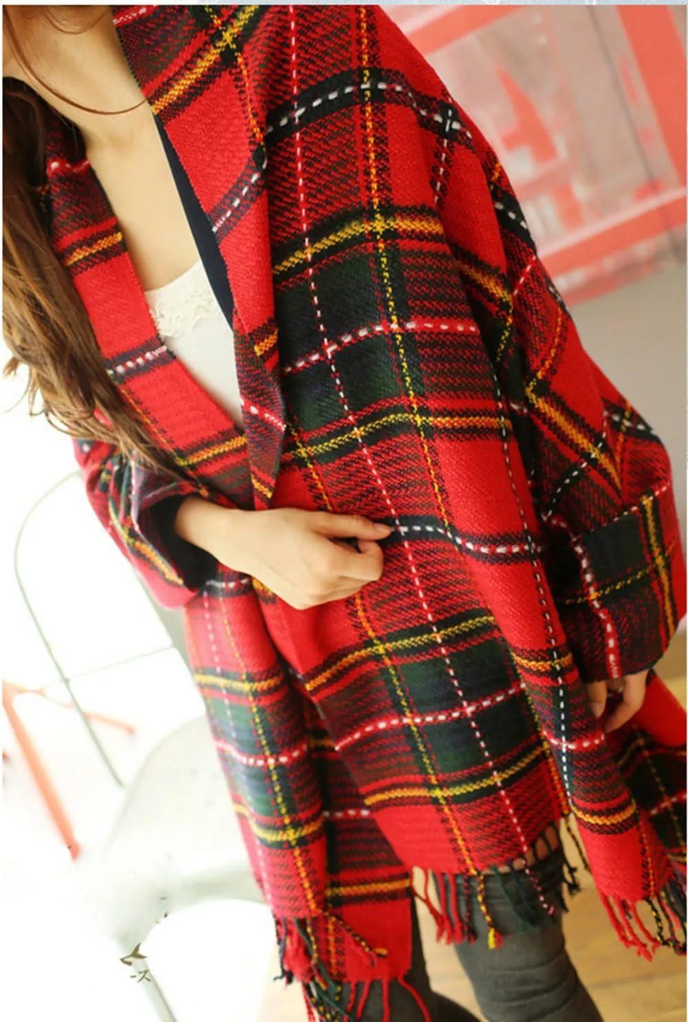 Wander Agio Women's Fashion Long Shawl Big Grid Winter Warm Lattice Large Scarf
