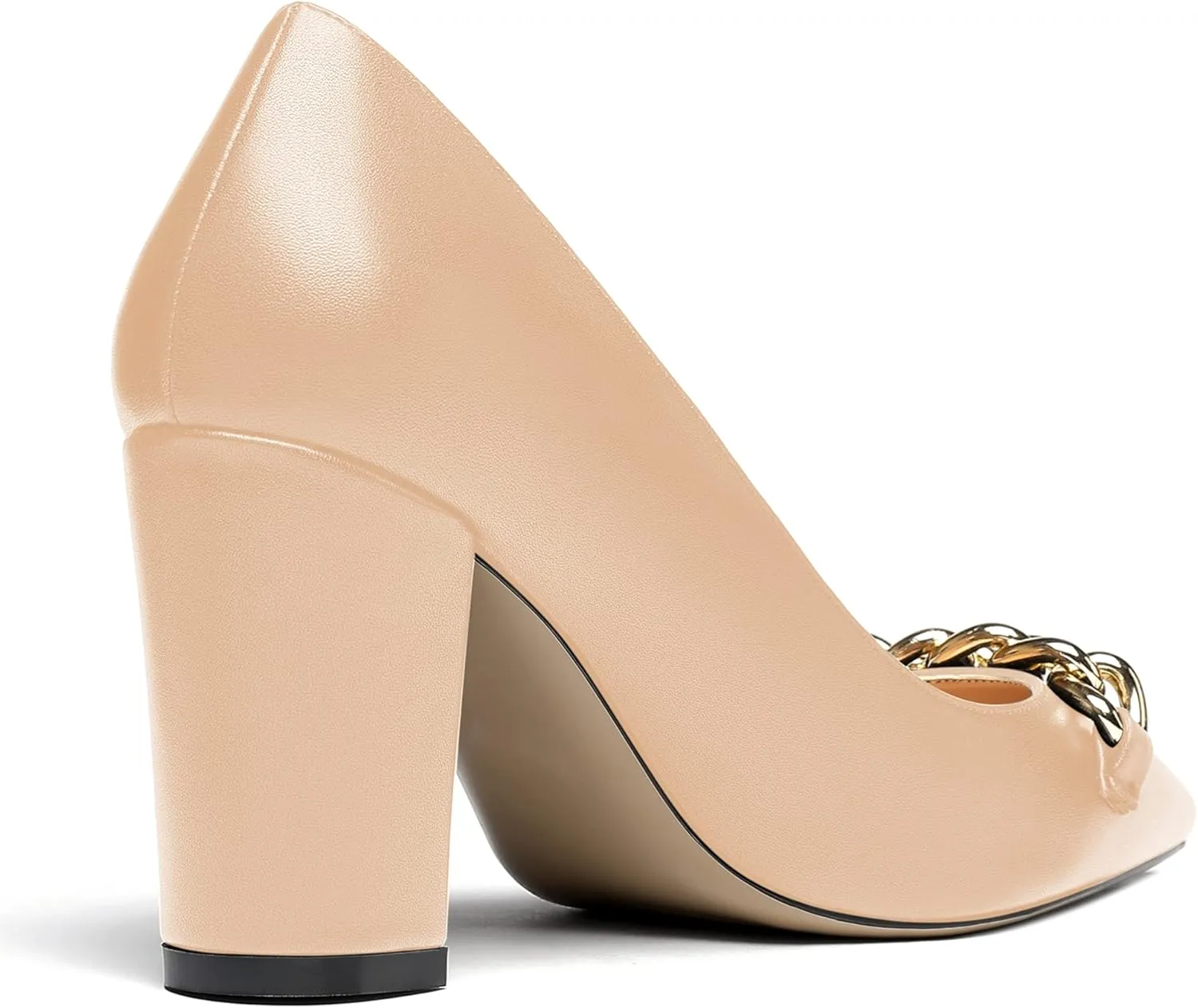 WAYDERNS Women's Gold Metal Chain Matte Slip On Pointed Toe Block High Heel Pumps Shoes 3.5 Inch