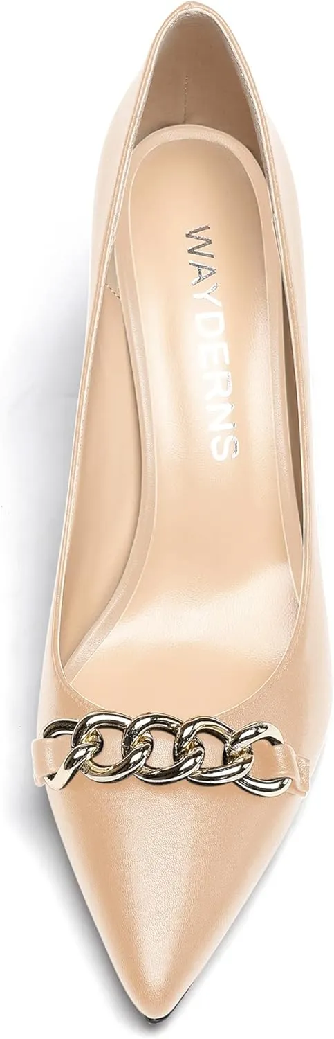 WAYDERNS Women's Gold Metal Chain Matte Slip On Pointed Toe Block High Heel Pumps Shoes 3.5 Inch