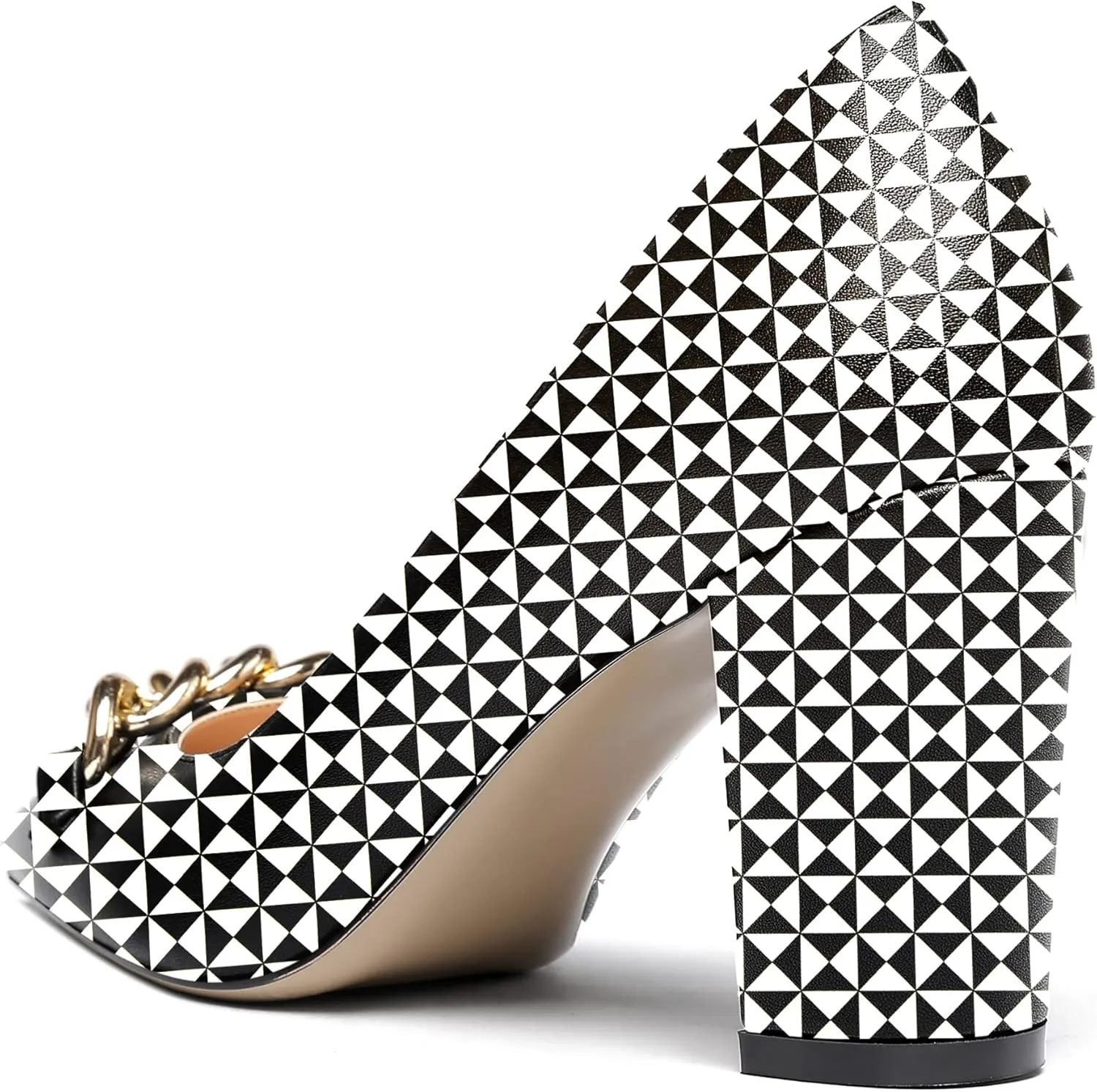 WAYDERNS Women's Gold Metal Chain Matte Slip On Pointed Toe Block High Heel Pumps Shoes 3.5 Inch