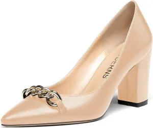 WAYDERNS Women's Gold Metal Chain Matte Slip On Pointed Toe Block High Heel Pumps Shoes 3.5 Inch