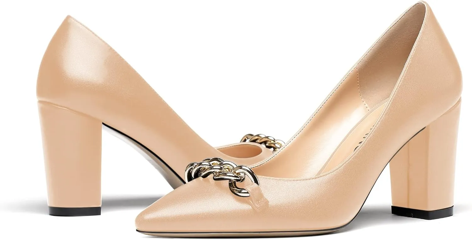 WAYDERNS Women's Gold Metal Chain Matte Slip On Pointed Toe Block High Heel Pumps Shoes 3.5 Inch