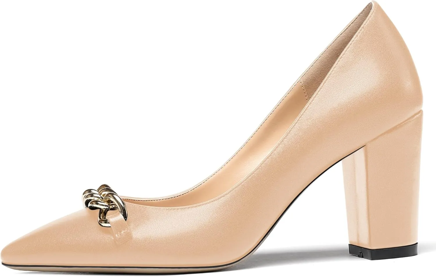 WAYDERNS Women's Gold Metal Chain Matte Slip On Pointed Toe Block High Heel Pumps Shoes 3.5 Inch