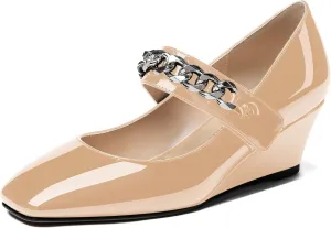 WAYDERNS Women's Slip-on Patent Lace Up Metal Chain Square Toe Mary Jane Wedge Low Heel Pumps Shoes 2 Inch
