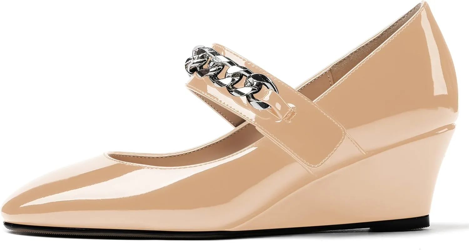 WAYDERNS Women's Slip-on Patent Lace Up Metal Chain Square Toe Mary Jane Wedge Low Heel Pumps Shoes 2 Inch
