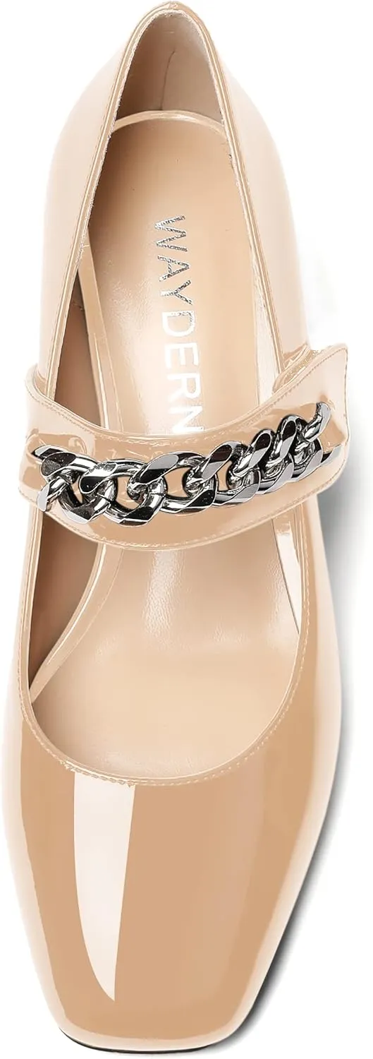 WAYDERNS Women's Slip-on Patent Lace Up Metal Chain Square Toe Mary Jane Wedge Low Heel Pumps Shoes 2 Inch