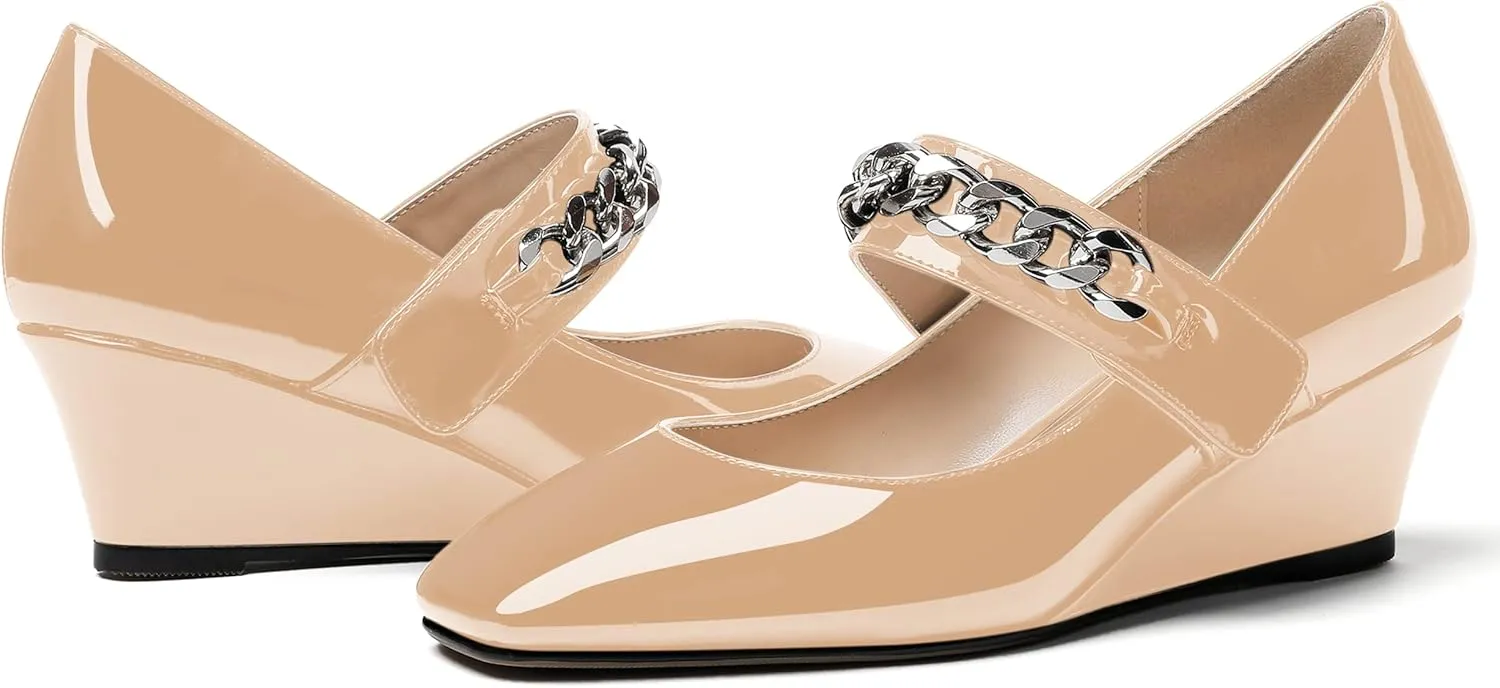 WAYDERNS Women's Slip-on Patent Lace Up Metal Chain Square Toe Mary Jane Wedge Low Heel Pumps Shoes 2 Inch
