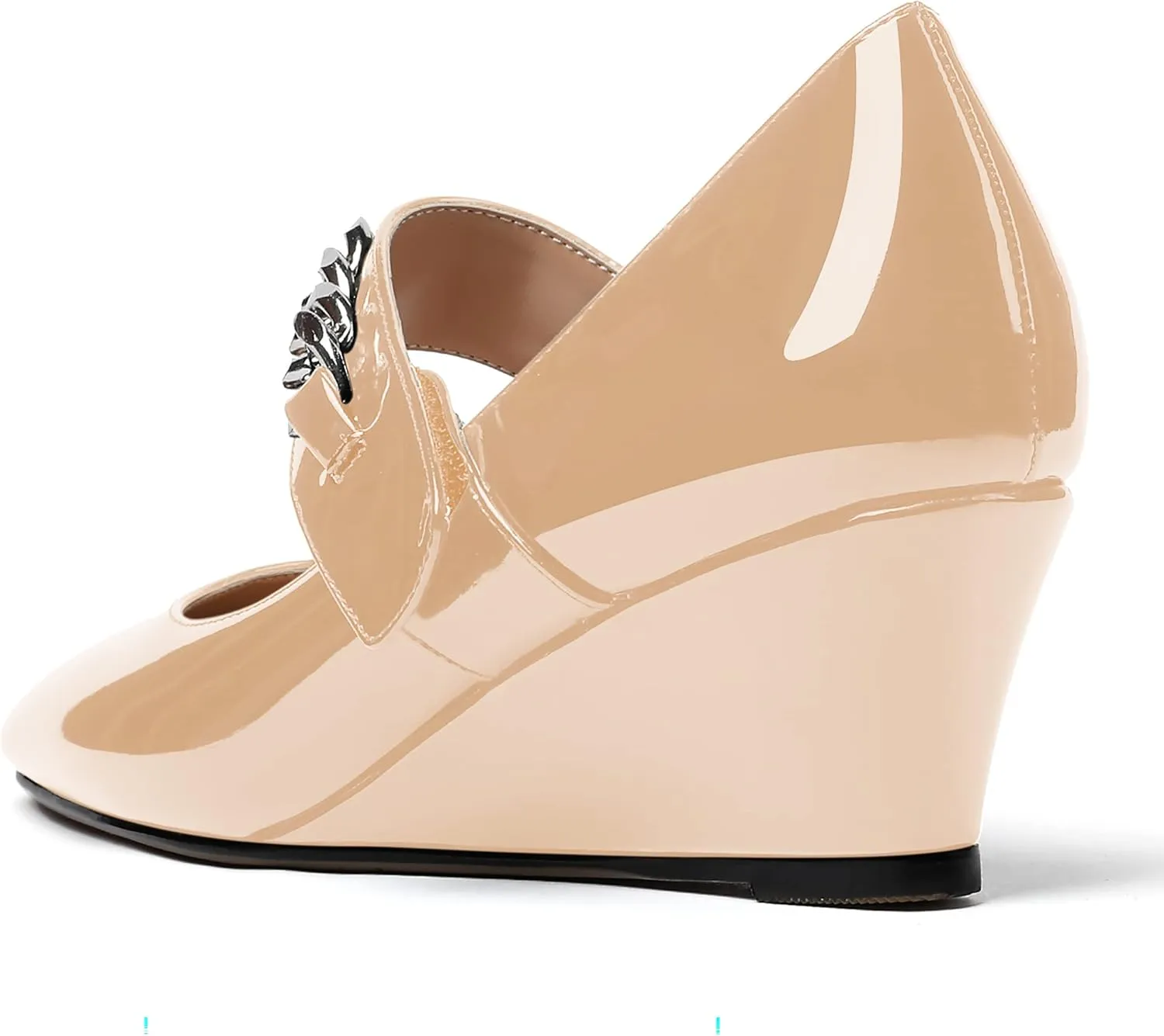 WAYDERNS Women's Slip-on Patent Lace Up Metal Chain Square Toe Mary Jane Wedge Low Heel Pumps Shoes 2 Inch