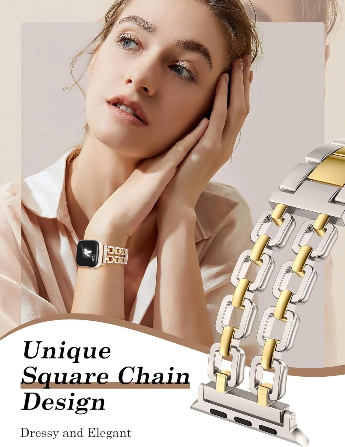 Wearlizer Compatible with Apple Watch Bands 41/40/38/44/45/46/49/42mm Women, Dressy Fancy Metal Chain Pretty Strap Designer Gold Silver Link Bracelet for iWatch Ultra SE Series 10 9 8 7 6 5 4 3 2 1