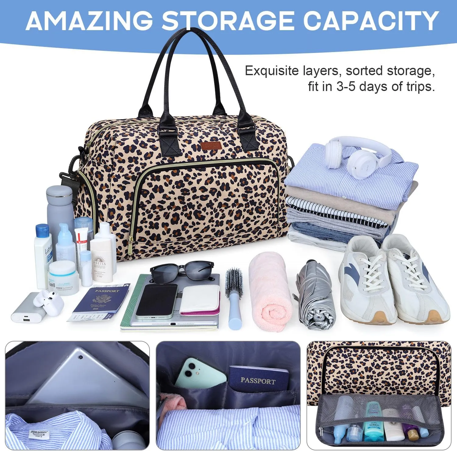 Weekender Bags for Women, LEBFEO Gym Bag for Women with Shoes Compartment, Personal Item Travel Bag, Carry on Overnight Travel Duffel Bag, Hospital Bags for Labor and Delivery, leopard